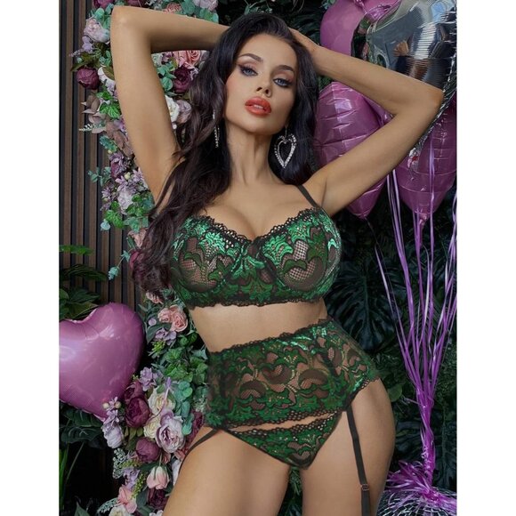 Women Green Lingerie Set High Waisted Underwire Lingerie With Garter Belt Lace - Picture 2 of 6